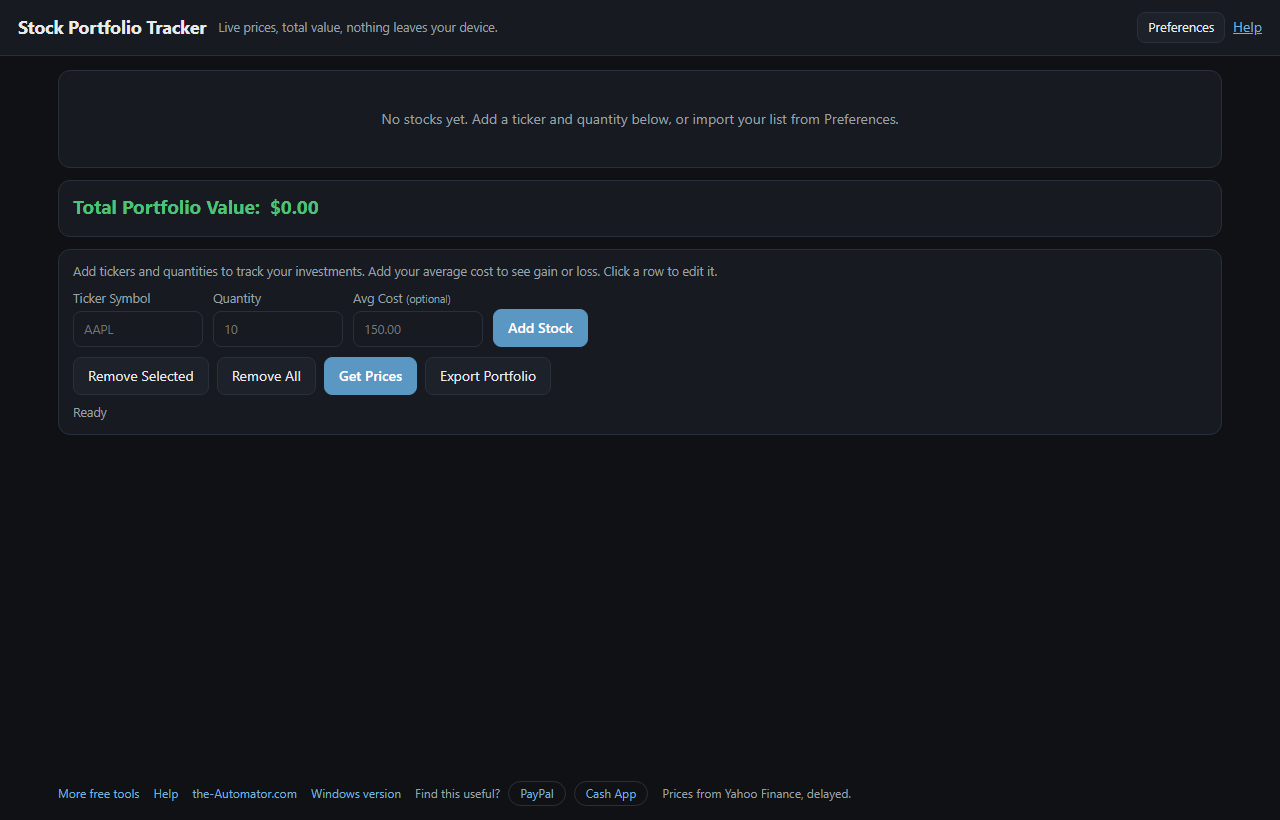 Stock Portfolio Tracker with the ticker entry form and portfolio table